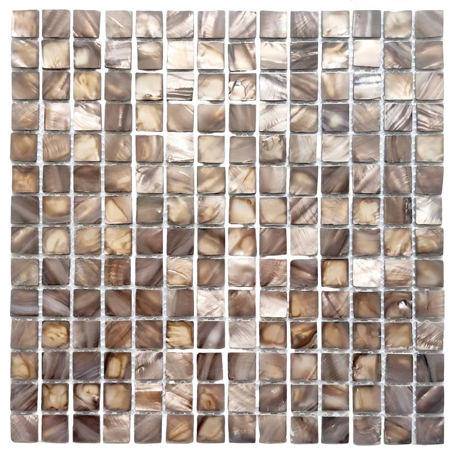 Up of a mosaic tile composed of mother of pearl shells, showcasing iridescent, natural shell patterns in a grid layout.
