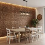 Wooden mosaic tile wall with warm tones and textured surface.