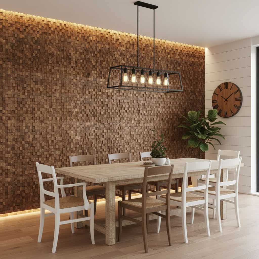 Wooden mosaic tile wall with warm tones and textured surface.