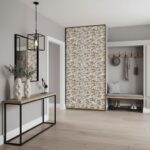 A stylish interior featuring a mother of pearl shell tile accent wall in a modern home.