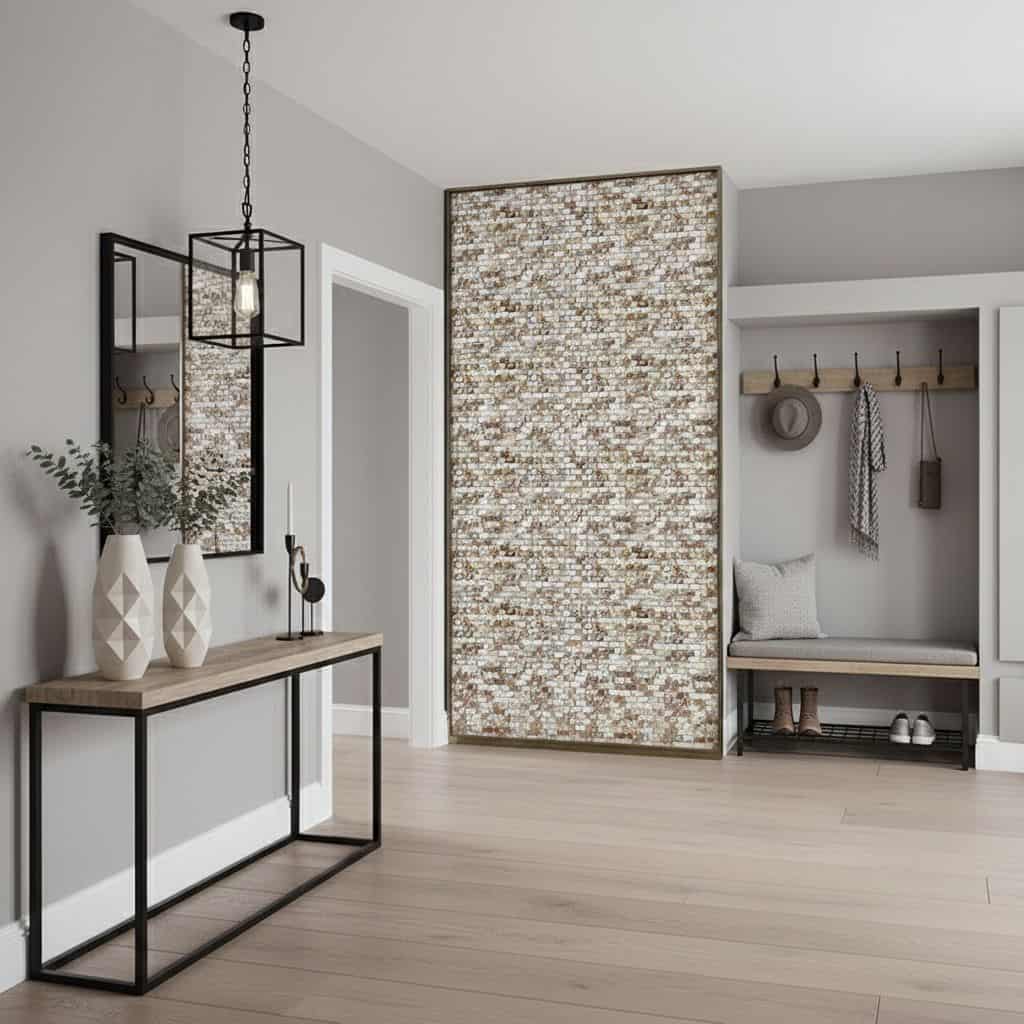 A stylish interior featuring a mother of pearl shell tile accent wall in a modern home.