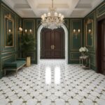 Luxurious green and gold wall tiles with ornate detailing and classic design.
