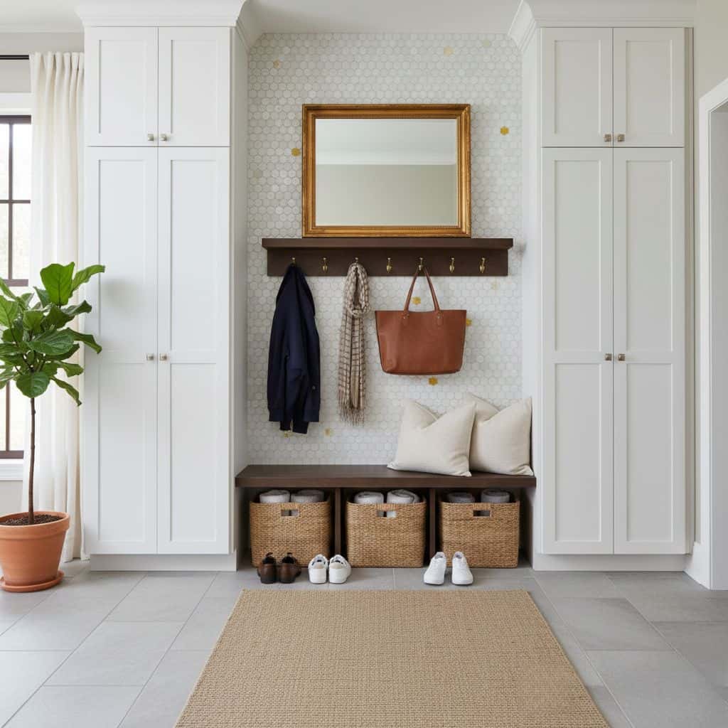 Entrance wall with mother of pearl shell tile accents and storage bench. Elegant and functional home decor with seashell-insp.