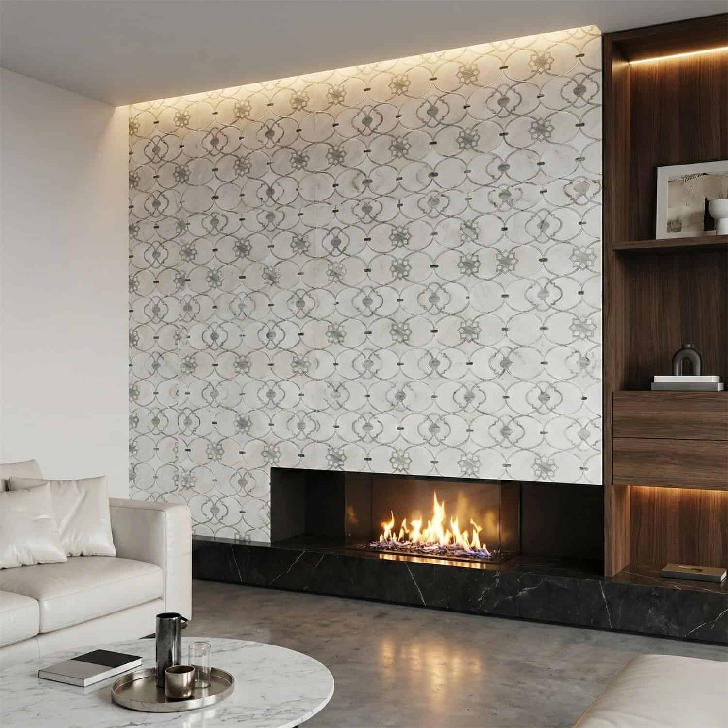 White ceramic tile with intricate gray and beige geometric patterns, smooth texture, and glossy finish.
