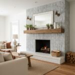 White marble tiles with a smooth, polished texture and subtle gray veining, creating an elegant and modern fireplace feature.