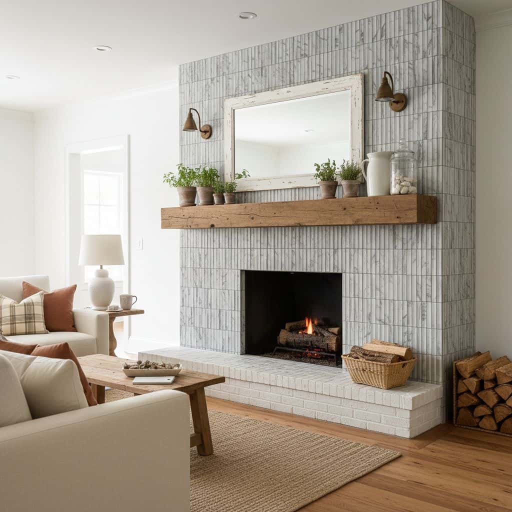 White marble tiles with a smooth, polished texture and subtle gray veining, creating an elegant and modern fireplace feature.