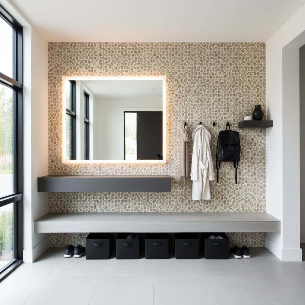 Mirror with Backlit Frame and Wall Hooks.
