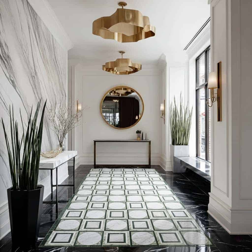 Bright, patterned tile with white and green geometric shapes, smooth texture, suitable for elegant interior flooring.