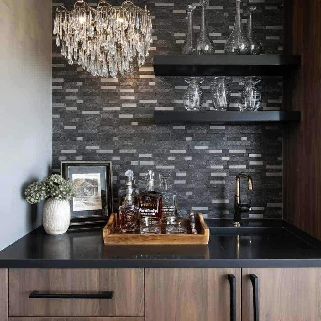 A modern kitchen with peel and stick wall tiles, glassware, and decorative accents. Perfect for easy backsplash updates and s.