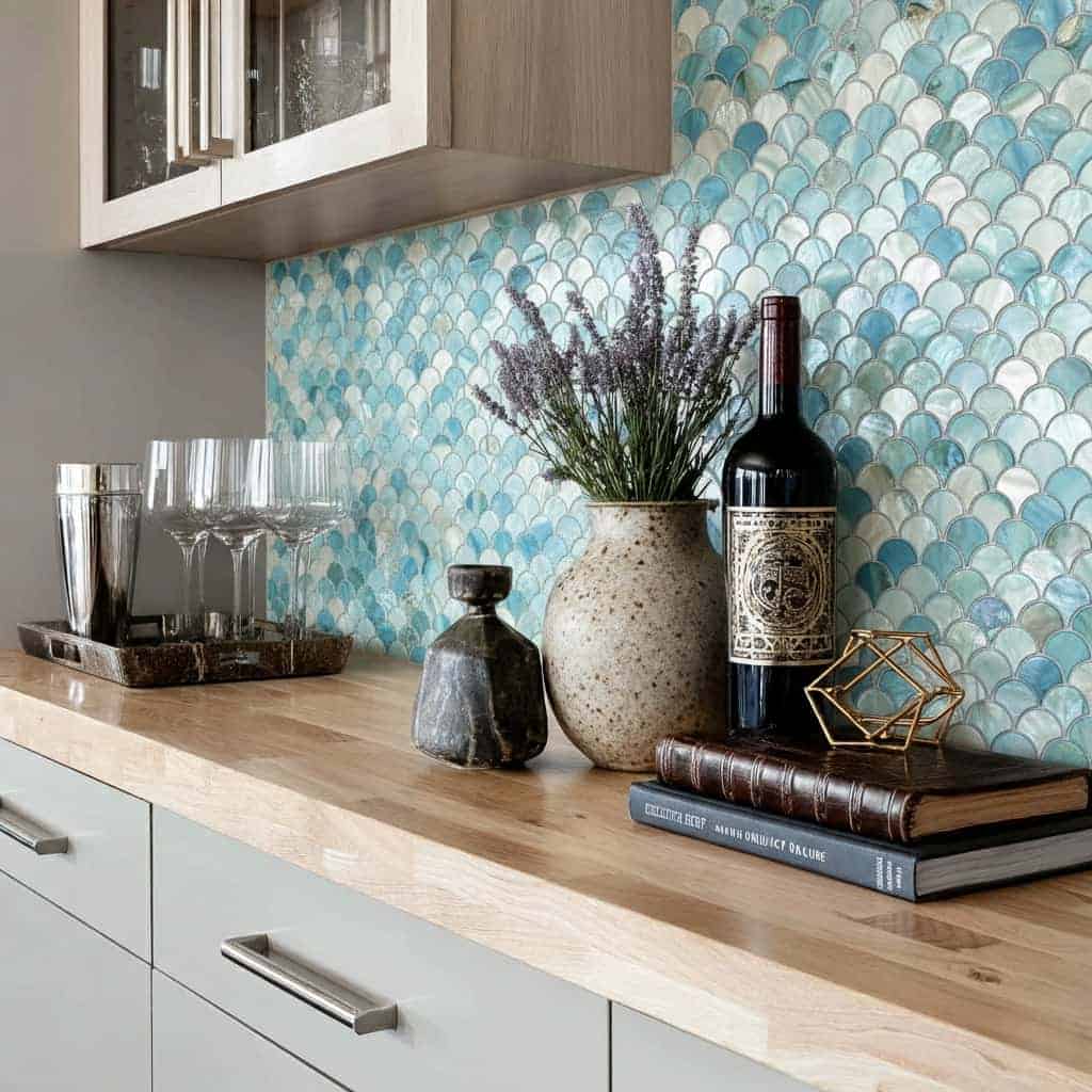 Mother of pearl shell tile used as a decorative kitchen backsplash with a mix of blue and white hues.