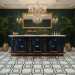 Luxurious marble tile with a geometric pattern, white and gray tones, in a sophisticated bar setting with green walls and gol.