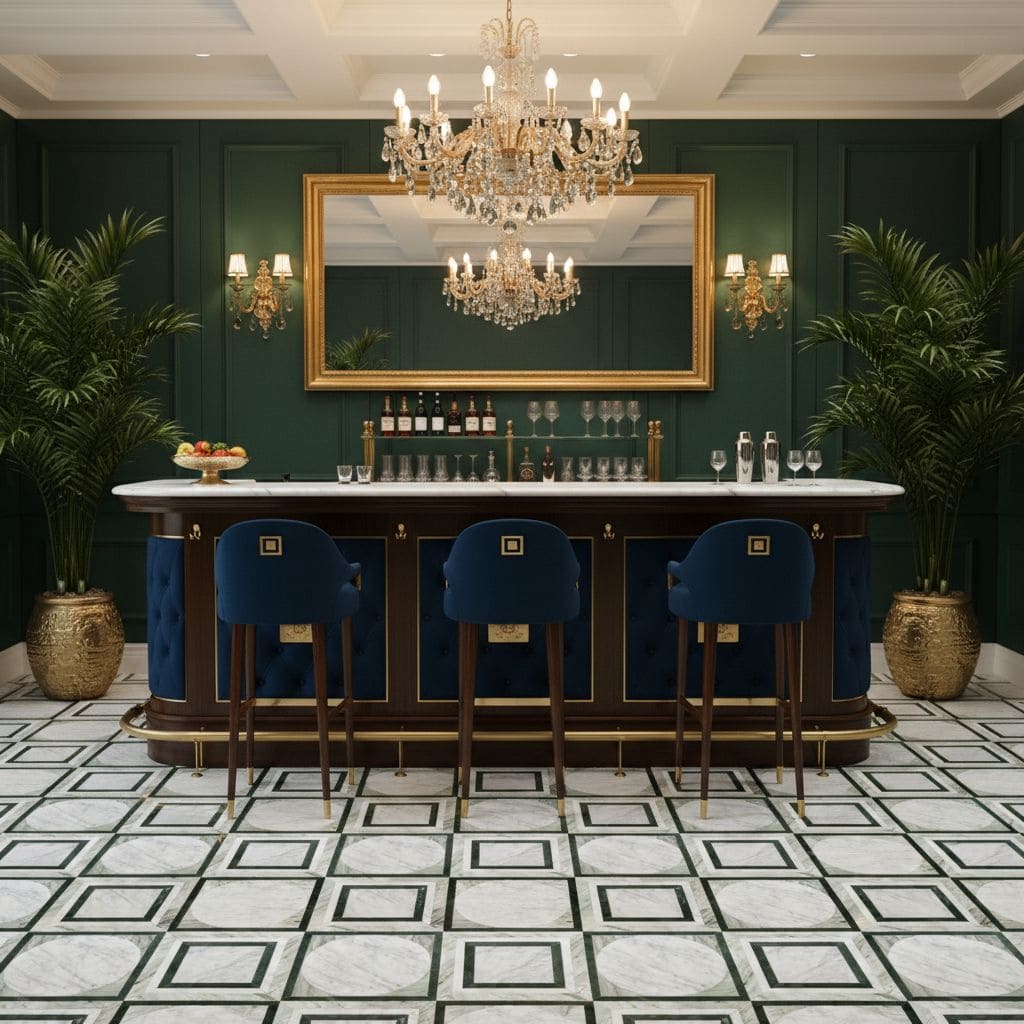 Luxurious marble tile with a geometric pattern, white and gray tones, in a sophisticated bar setting with green walls and gol.
