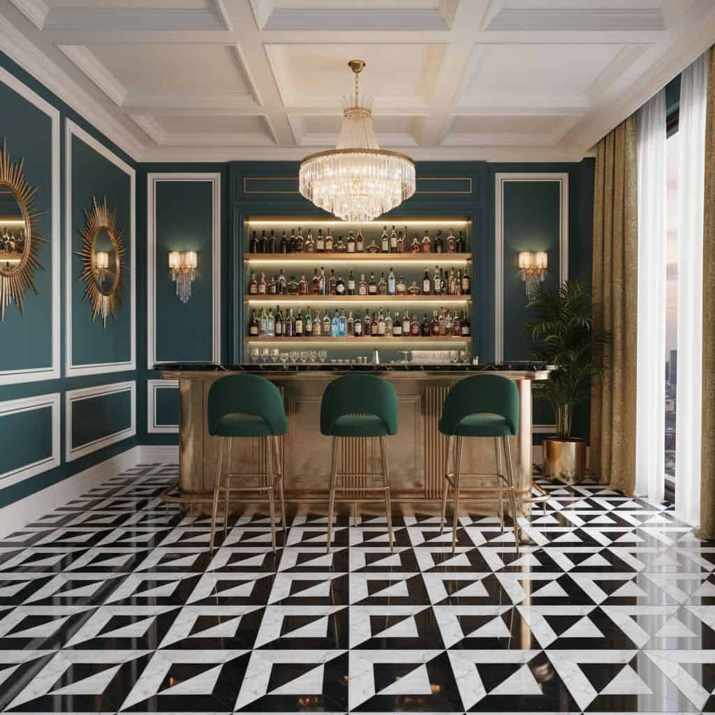Bar counter with black and white geometric patterned tiles, teal walls, and elegant decor.