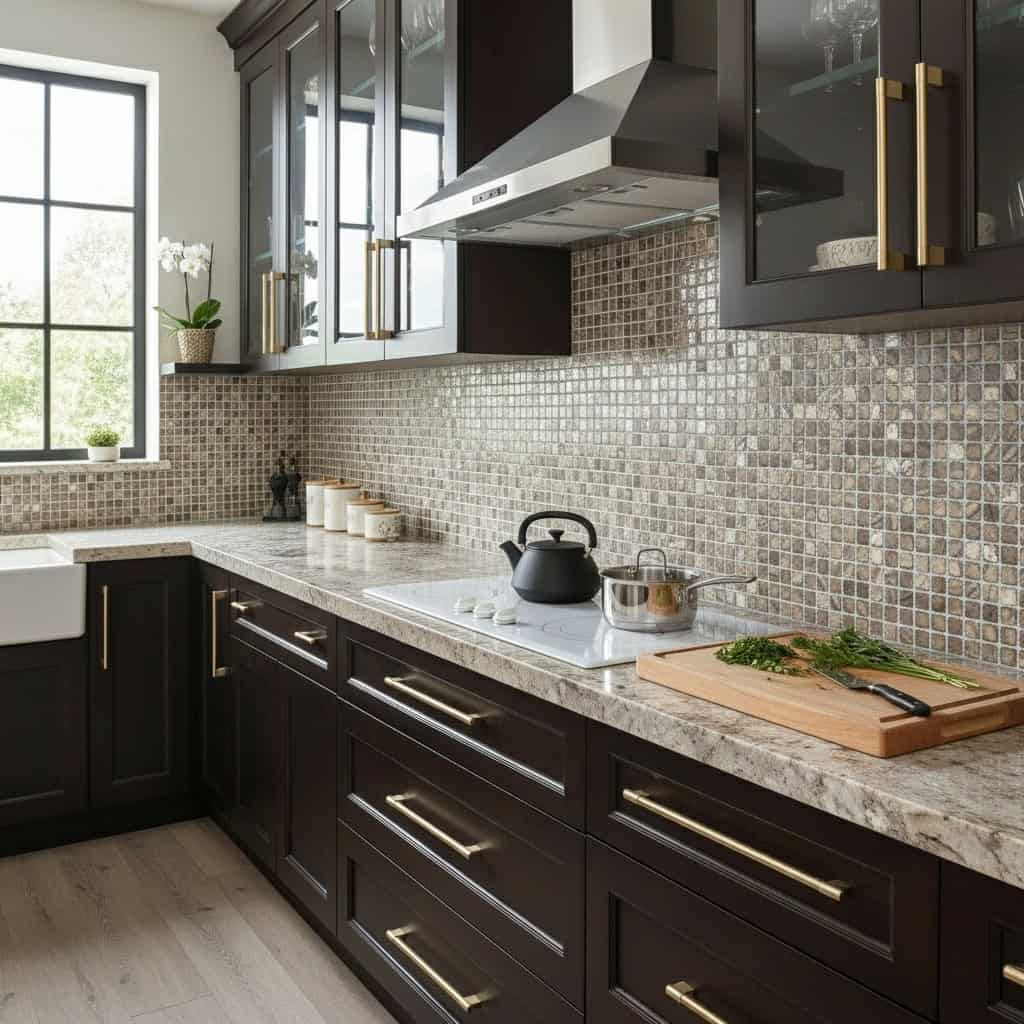 Modern kitchen with mother of pearl shell tile backsplash, dark cabinetry, and marble countertops.