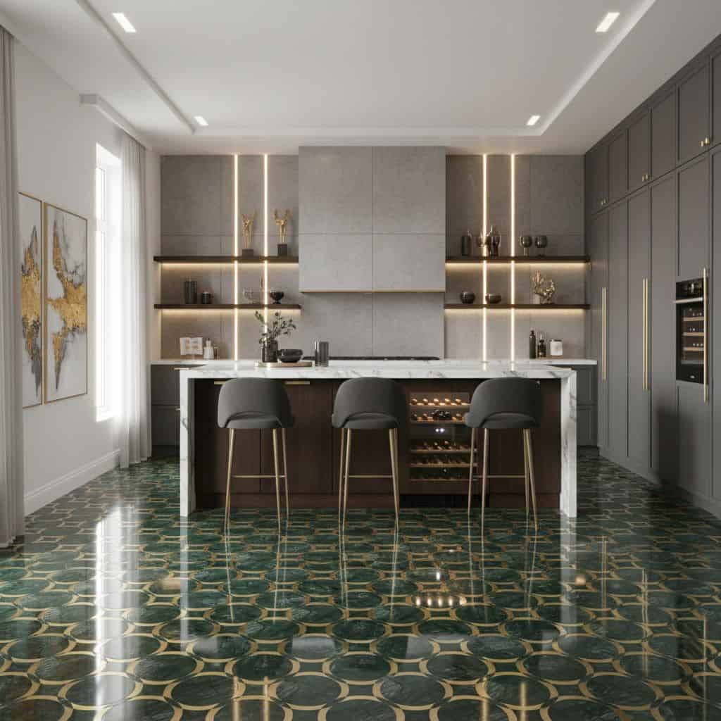Bright, contemporary kitchen featuring gray cabinetry and a striking green patterned tile floor. Elegant and functional desig.