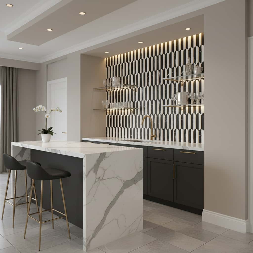 luxury kitchen island scalloped black white gold peel stick mosaic tile