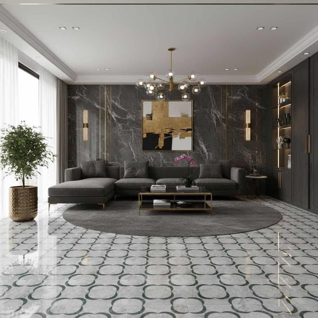 Describe tile color, texture, and.