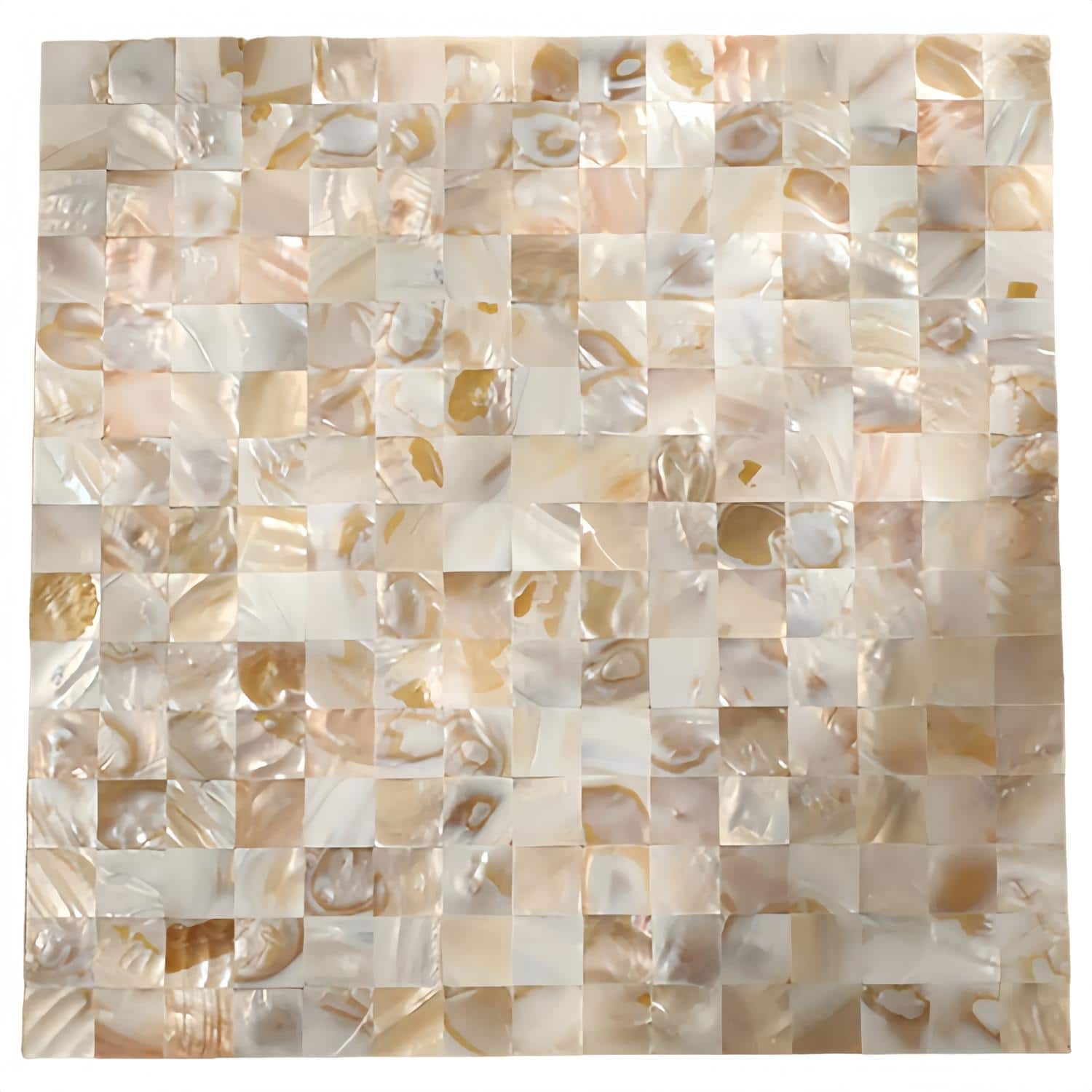 Mother of pearl shell tile with iridescent, shimmering surface, perfect for luxurious wall and backsplash accents.