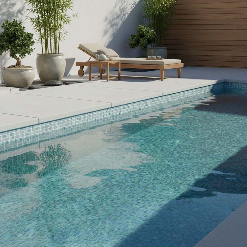 Poolside glass mosaic tile for a modern backyard design, featuring a sleek and reflective surface perfect for pool linings an.