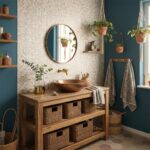 Bathroom with shell tile accents and natural wood vanity.