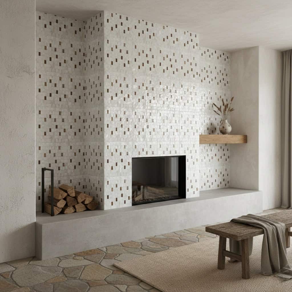 Mother of pearl shell tile fireplace wall with a modern design, featuring a built-in firebox, wooden accents, and natural sto.