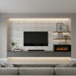 Mother of pearl shell tile wall with modern fireplace and artwork.
