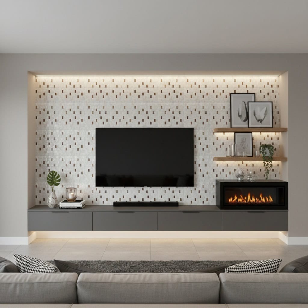 Mother of pearl shell tile wall with modern fireplace and artwork.