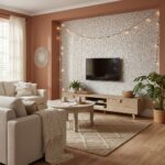 Mother of pearl shell tile wall with string lights in cozy living room.