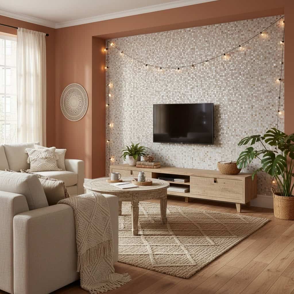 Mother of pearl shell tile wall with string lights in cozy living room.