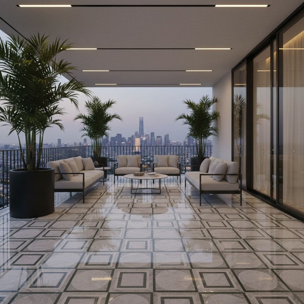 Marble tile with a geometric pattern, smooth texture, and neutral color tones on balcony floor.