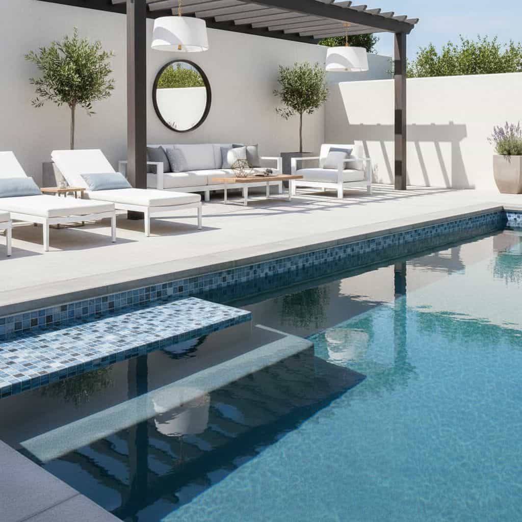 Outdoor pool area featuring glass tile backsplash and contemporary design elements.