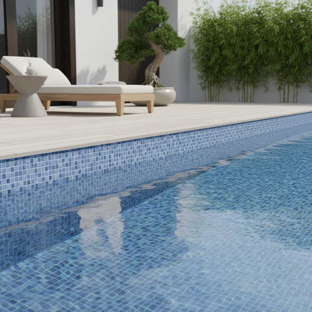 Up of a swimming pool with blue glass mosaic tiles, perfect for stylish pool backsplashes and water features.