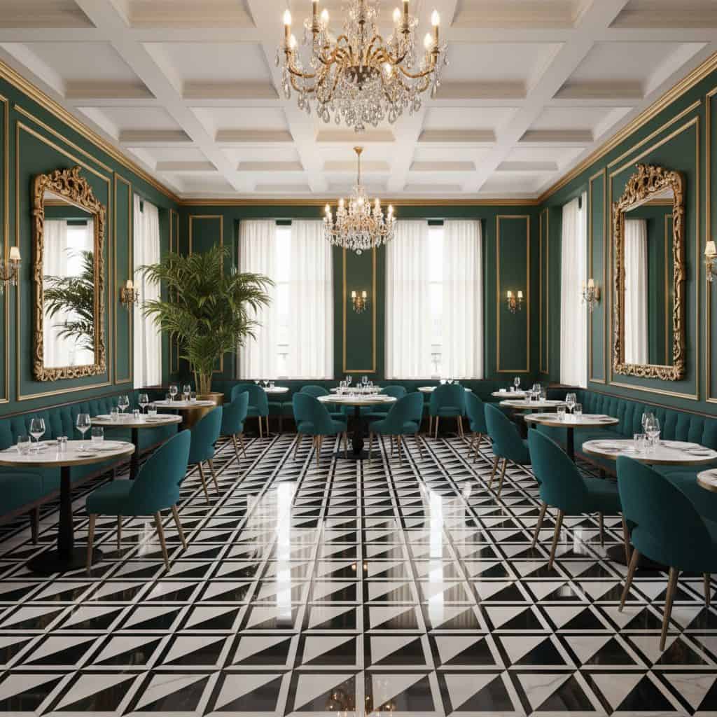 Elegant dining room featuring green walls, gold accents, and a black-and-white geometric tiled floor. Crystal chandeliers and.