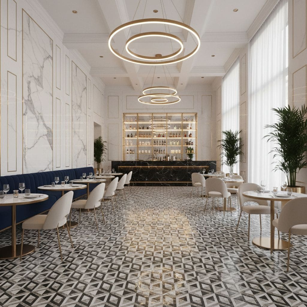 Luxurious black and white marble tile with geometric pattern, smooth texture, in a modern upscale restaurant setting.