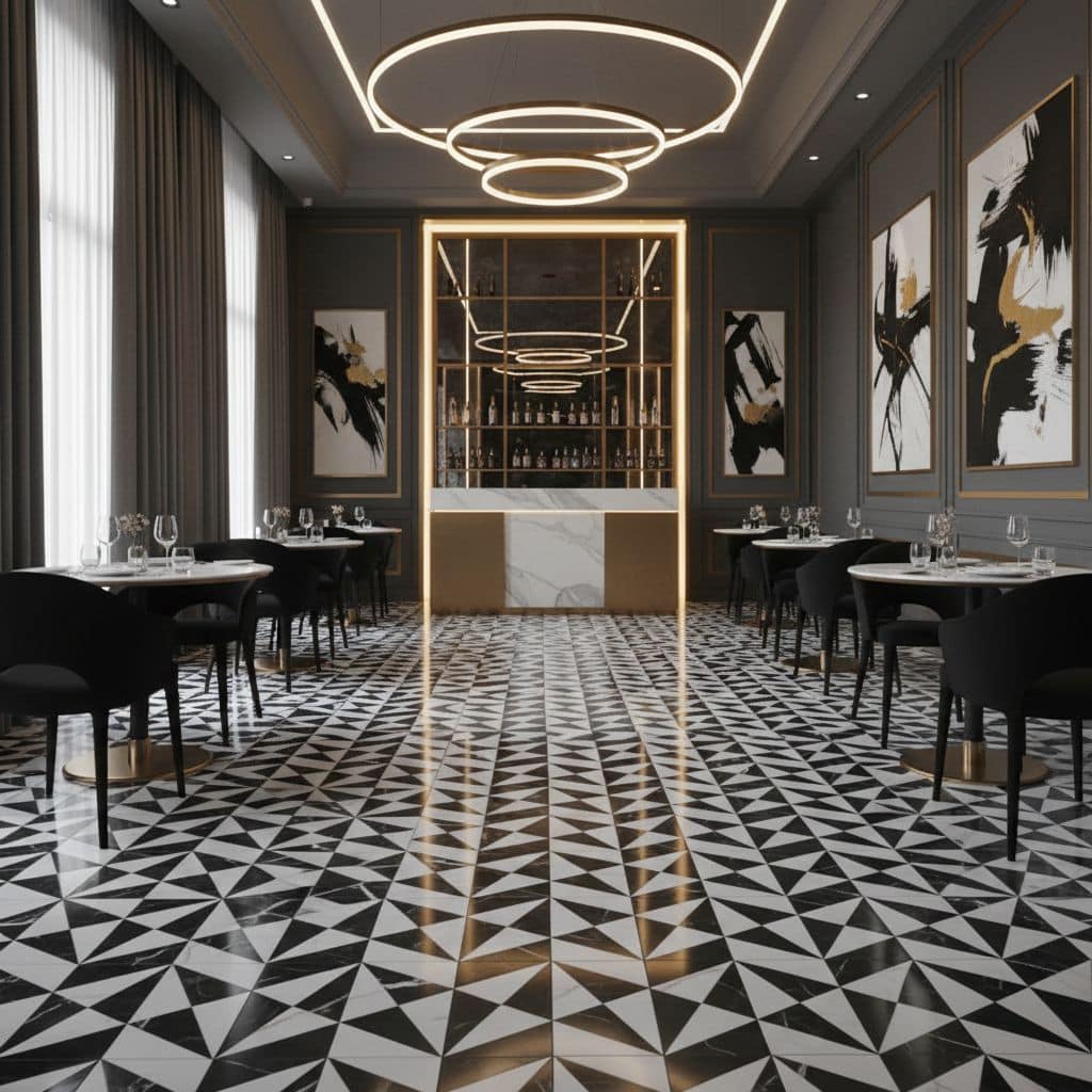 Elegant restaurant with black and white geometric patterned tile floor and contemporary decor.