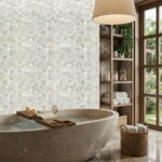 Elegant shell tile with mother of pearl finish for luxurious bathroom design.
