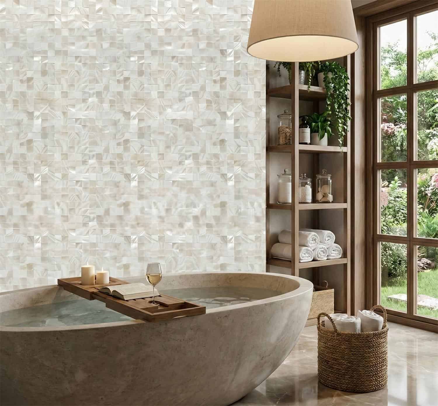 Elegant shell tile with mother of pearl finish for luxurious bathroom design.