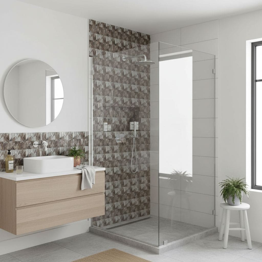 Bathroom featuring a glass mosaic tile backsplash in the shower area and a sleek glass enclosure.