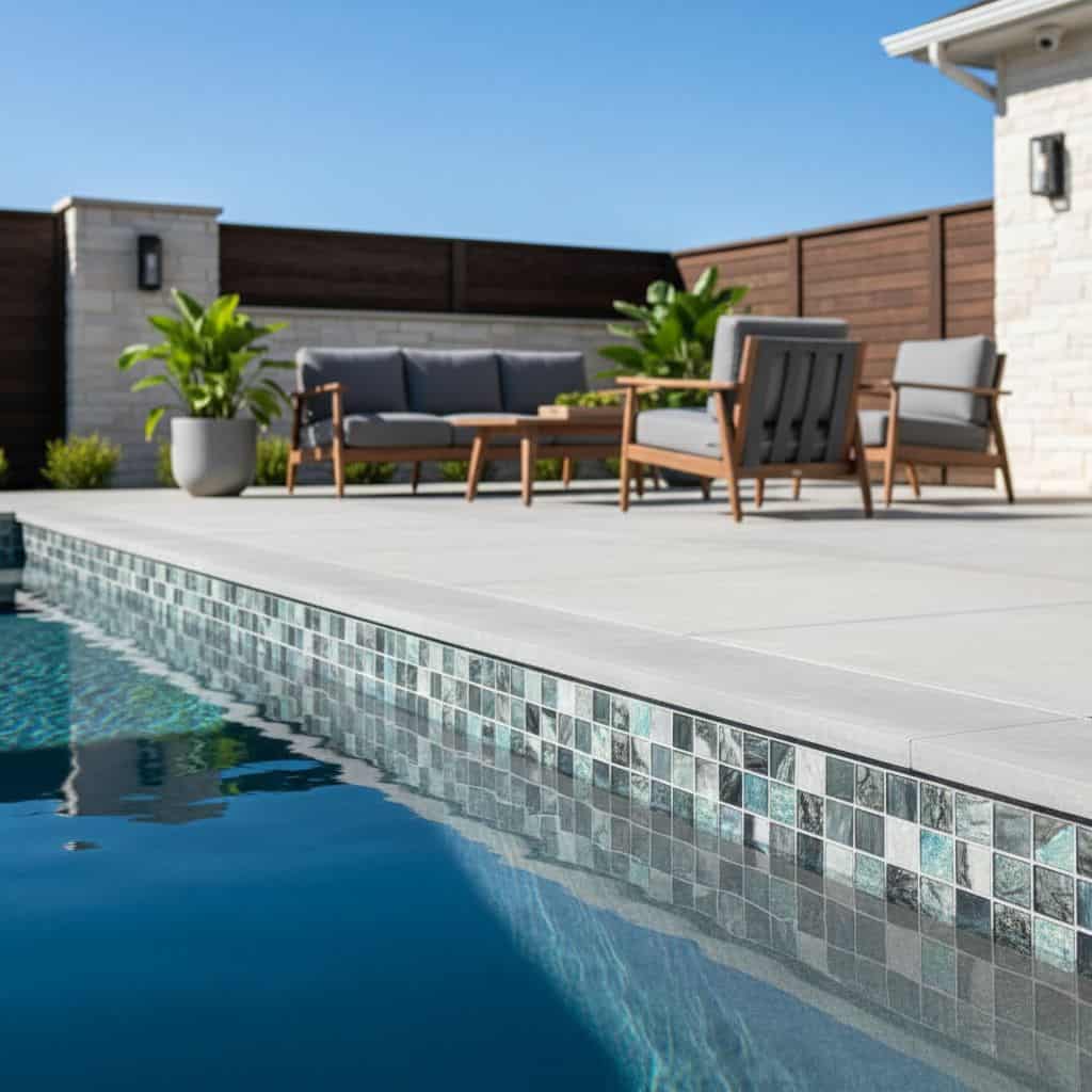 A modern backyard with a swimming pool, glass mosaic tile border, and outdoor furniture for relaxation.