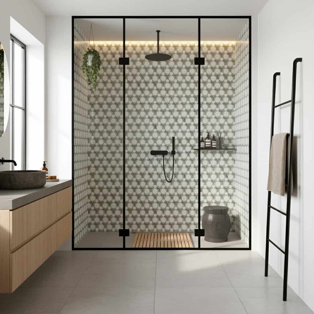 Geometric patterned tiles in neutral tones with matte finish, black fixtures, and wooden mat in a contemporary bathroom showe.
