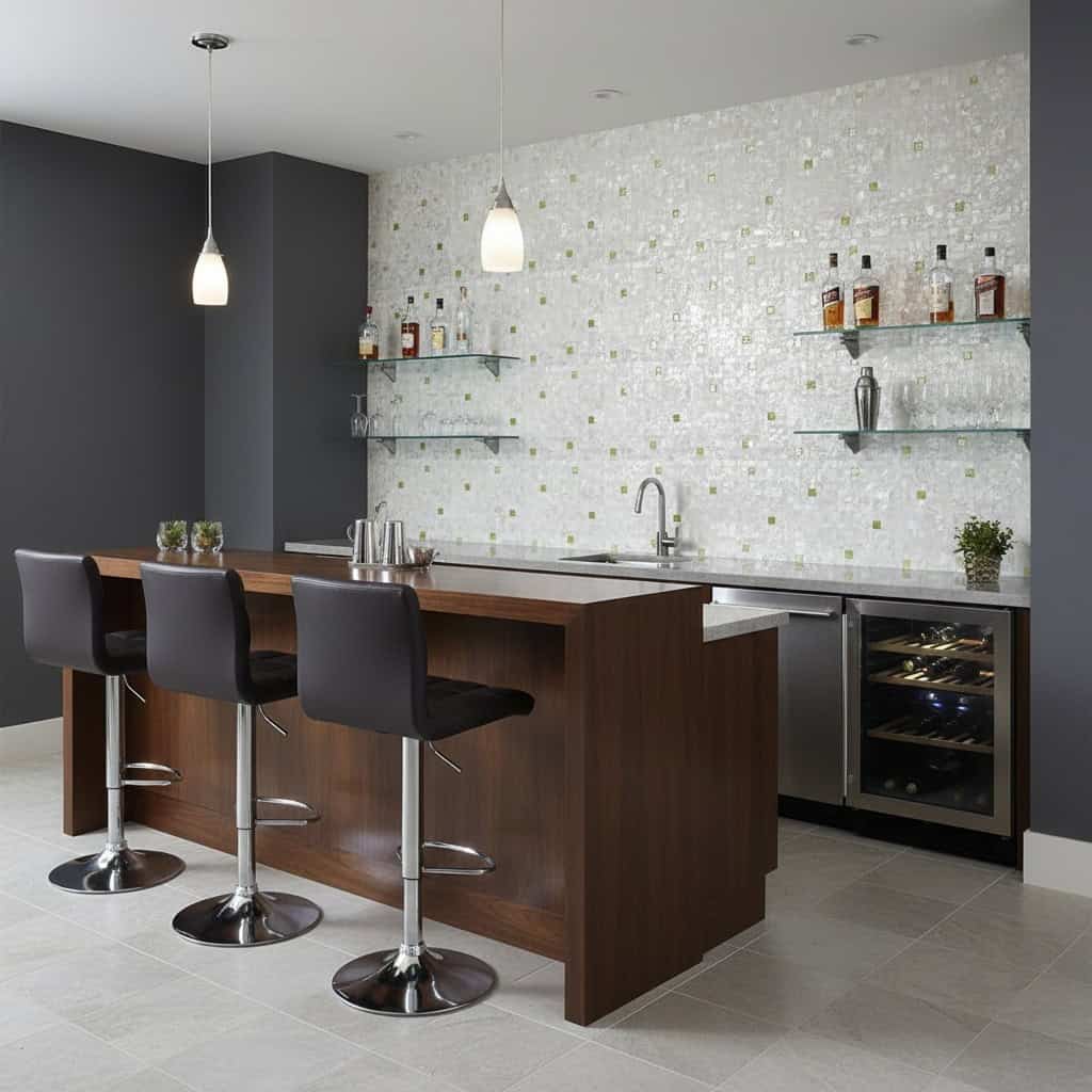 Seashell tile backsplash in a contemporary kitchen with a bar counter, black chairs, and minimalist decor.