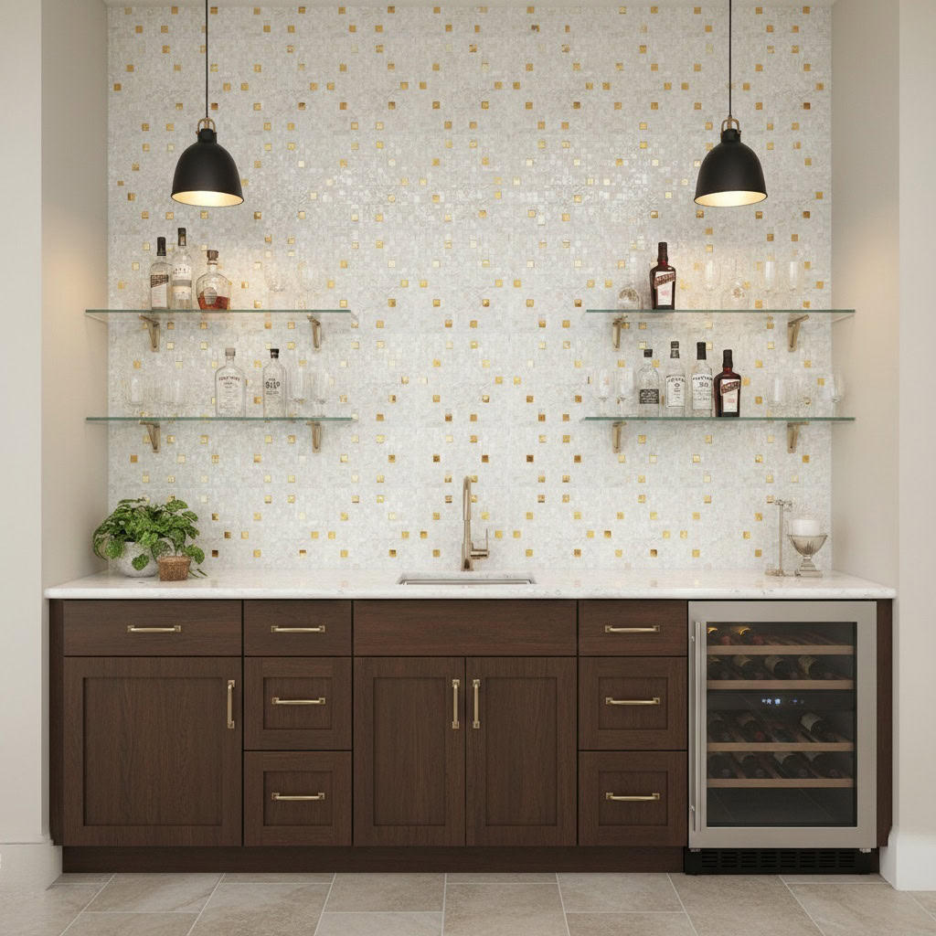 Mother of pearl shell tile backsplash with gold accents in a modern kitchen setting.