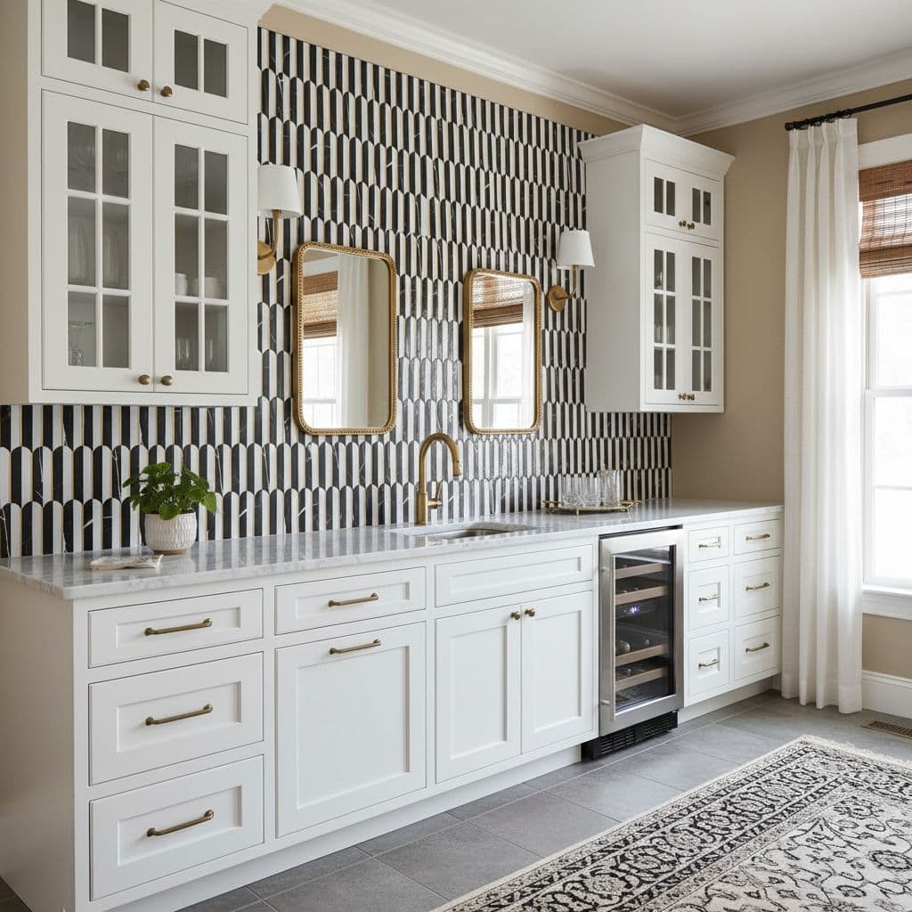 luxury wet bar wall black white gold inlay peel stick tile