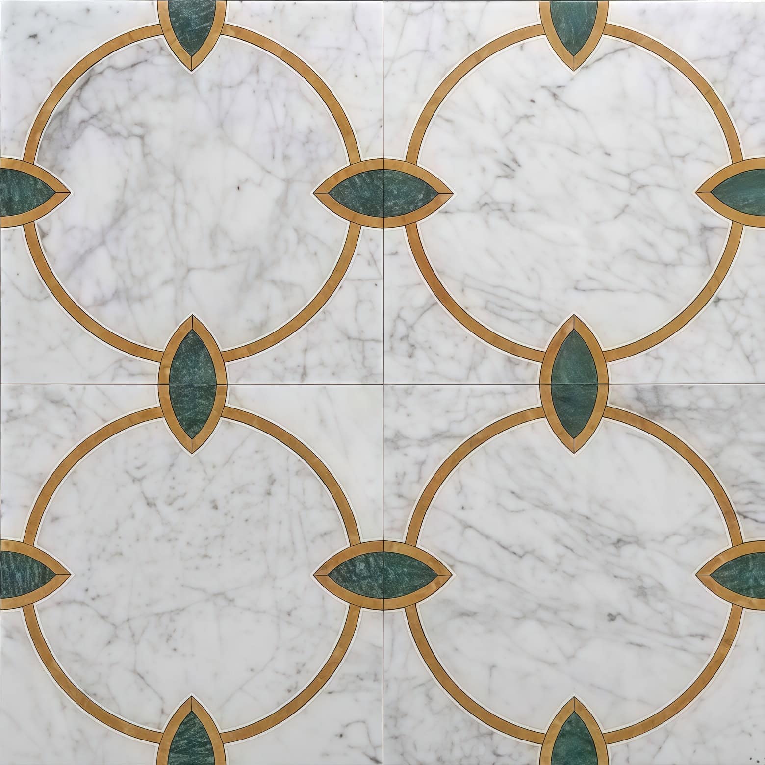 Elegant white marble tiles with gold and green decorative accents, creating a sophisticated and timeless design.