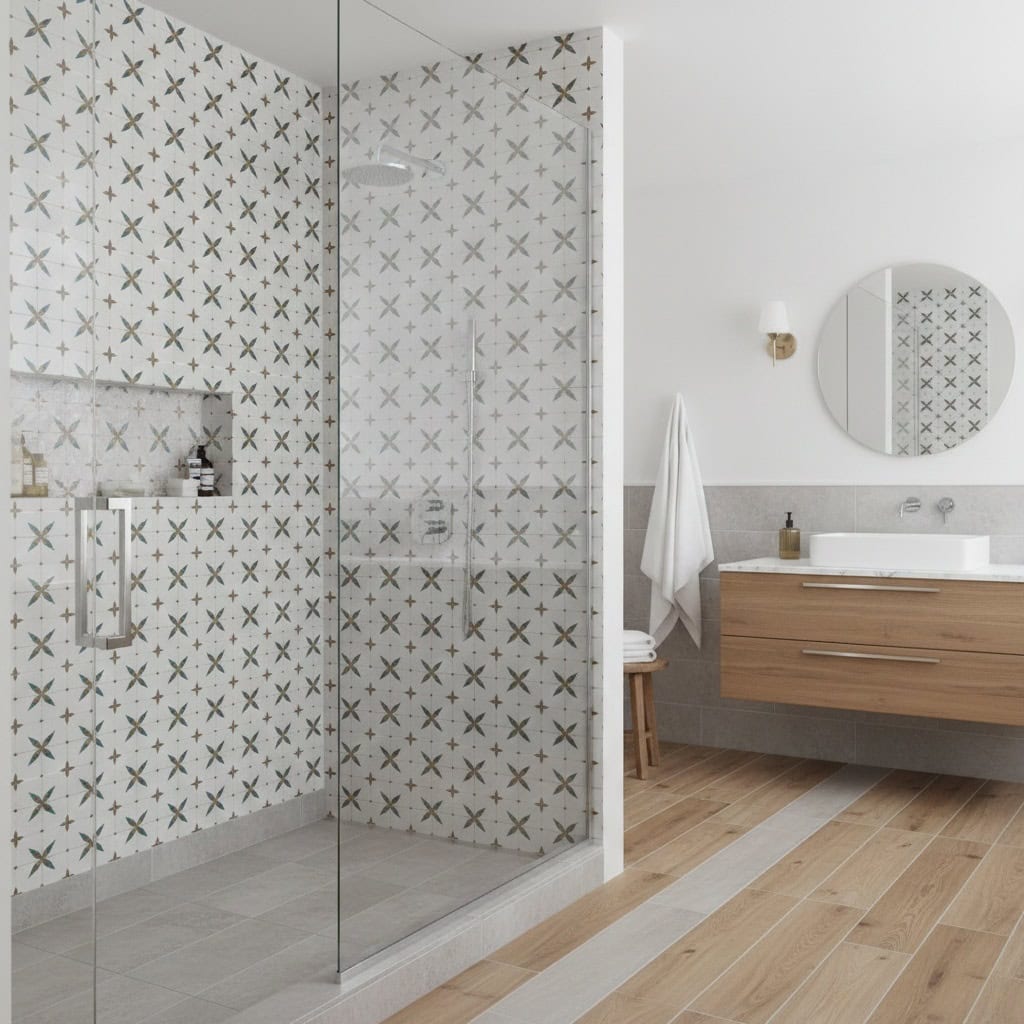 Geometric patterned tiles in neutral tones, textured surface, with a sleek glass shower door.