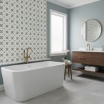Starfish patterned bathroom tile, neutral colors, textured surface for a contemporary look.