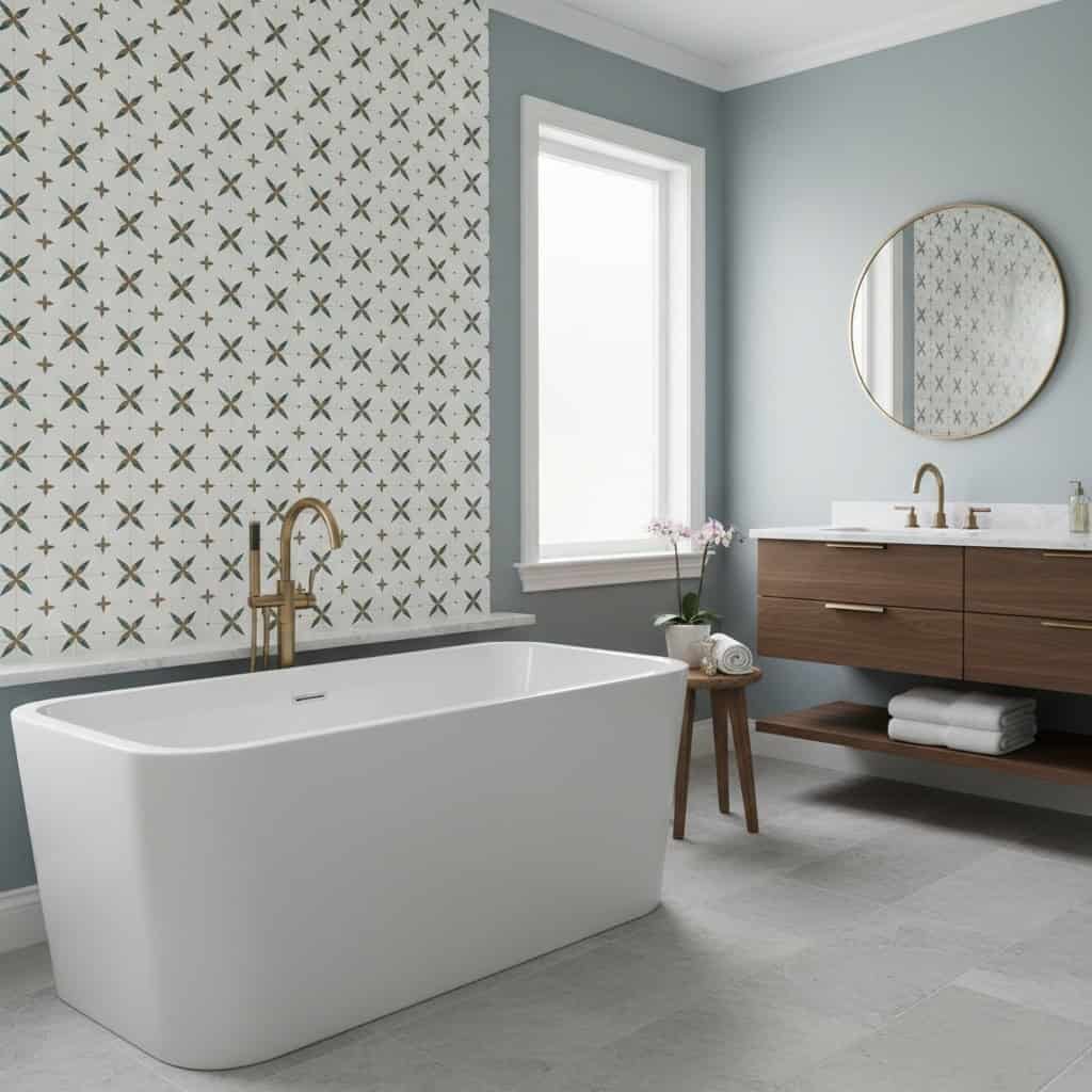 Starfish patterned bathroom tile, neutral colors, textured surface for a contemporary look.