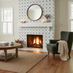 Cozy living room with patterned tile fireplace surround.