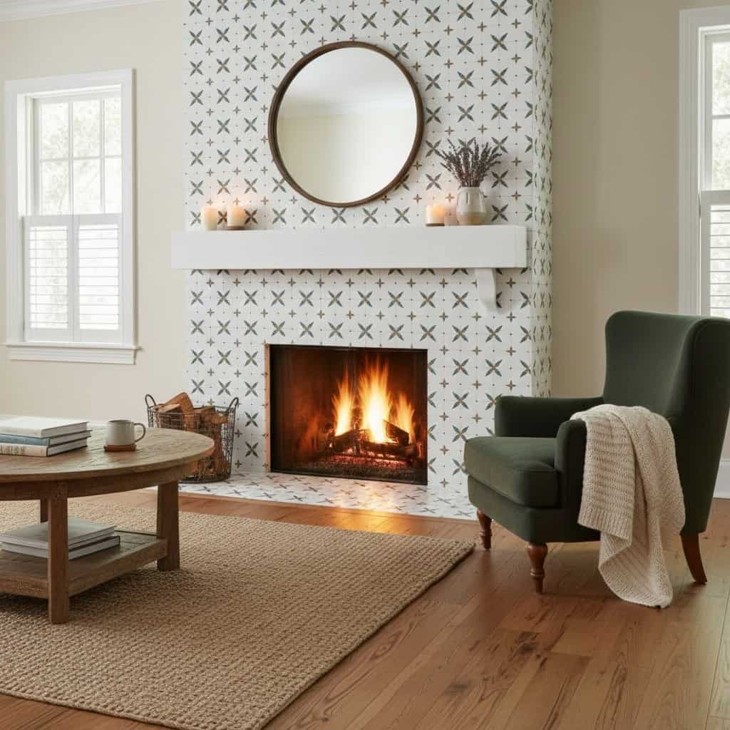 Cozy living room with patterned tile fireplace surround.