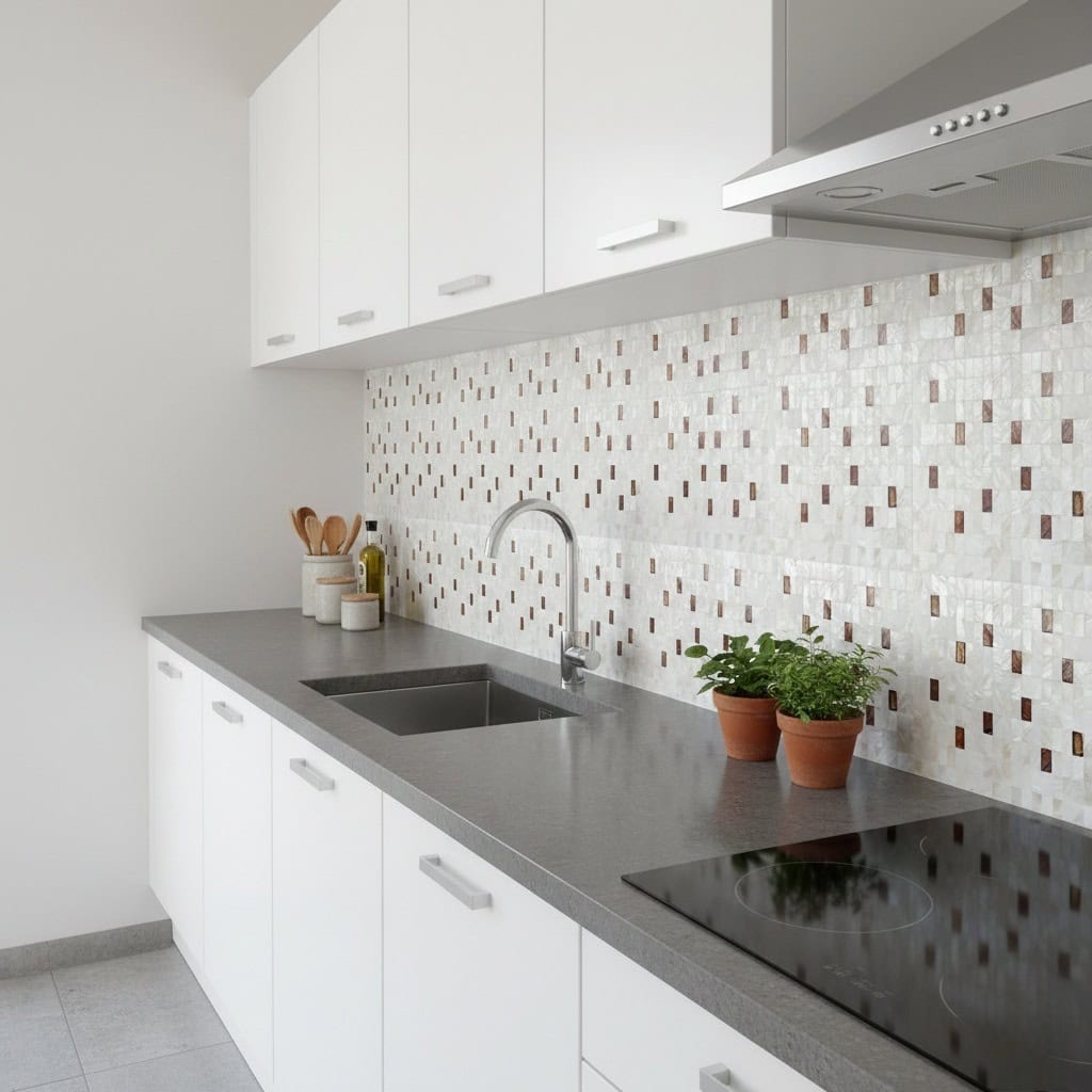 Kitchen with pearl shell tile backsplash and modern design elements.